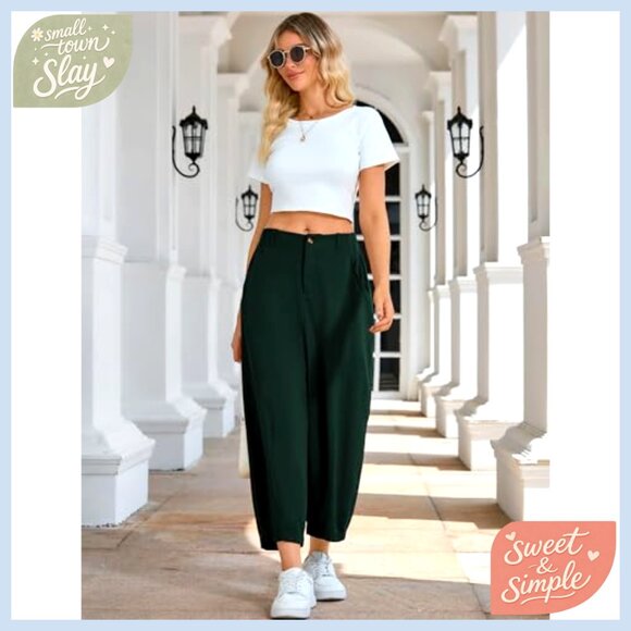 Wide Leg Linen Capri Pants Elastic Waist Casual Beach Trousers - Picture 6 of 7